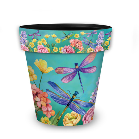Dragonfly Garden Medium Planter, teal pot with colorful flowers and dragonflies design, vibrant purple insects.