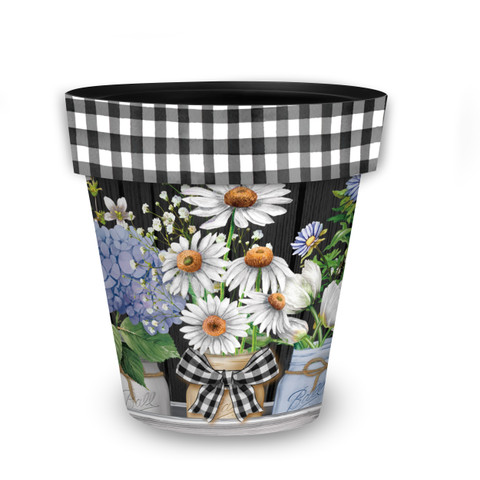 Crated Mason Jars medium planter with black and white gingham trim and floral design featuring daisies.