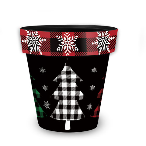 Black Checkered Trees Medium Planter with red and white snowflake rim and black and white tree.