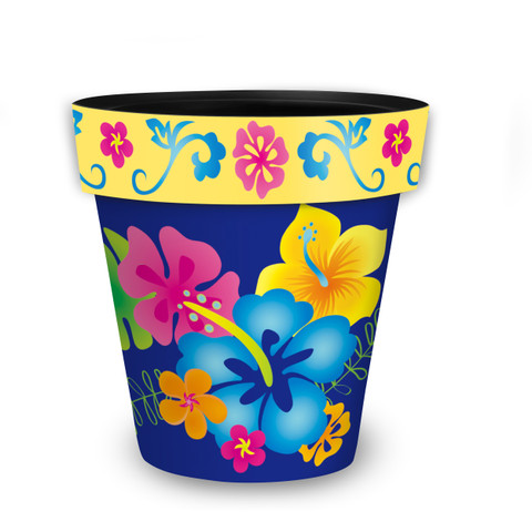 Hello Sunshine Medium Planter, blue with colorful floral print and yellow band, vibrant pink, orange, and yellow flowers.