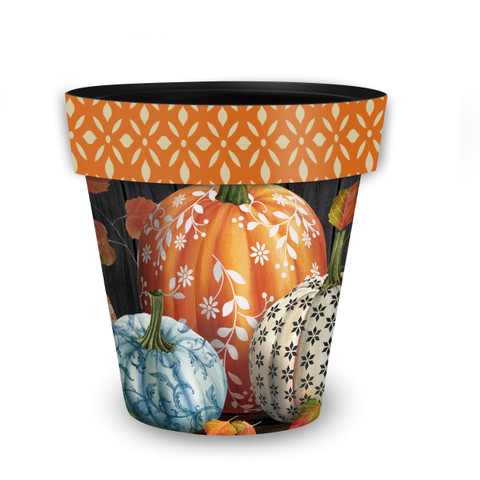 Elegant Pumpkins medium planter with orange, white and blue pumpkins and orange patterned rim.
