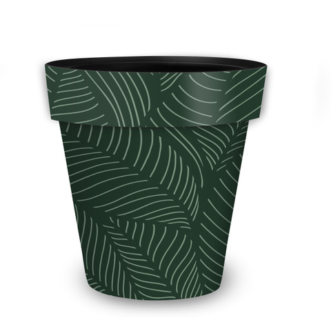 Dark green medium planter with white leaf pattern, Tropical Leaves design, medium size, ceramic look.