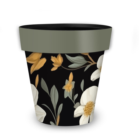 Elegant Flowers Medium Planter, black with white, yellow flowers and sage green rim and leaves.