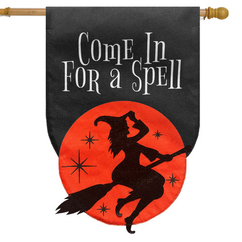 Black burlap house flag with Come In For a Spell, witch, and red moon design.