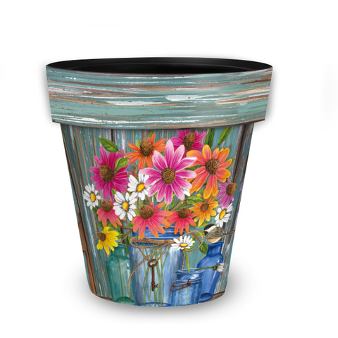 Farm Fresh Flowers Medium Planter with colorful floral design on a distressed blue wooden texture background.