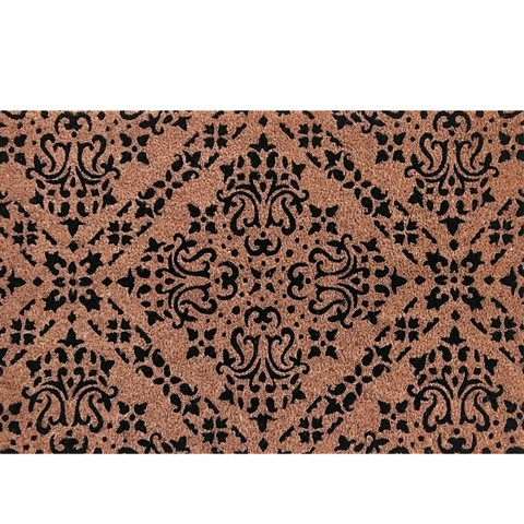 Black damask design on medium coir doormat, 24 x 36 inches, brown and black floral pattern.