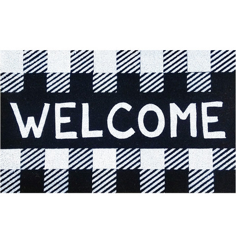 Black and white checkered coir doormat with "WELCOME" text, 30 x 48 inches large.