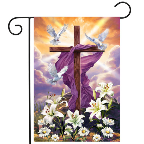 Sunrise Easter Cross Garden Flag with purple cloth, white lilies, daisies, and flying white doves.