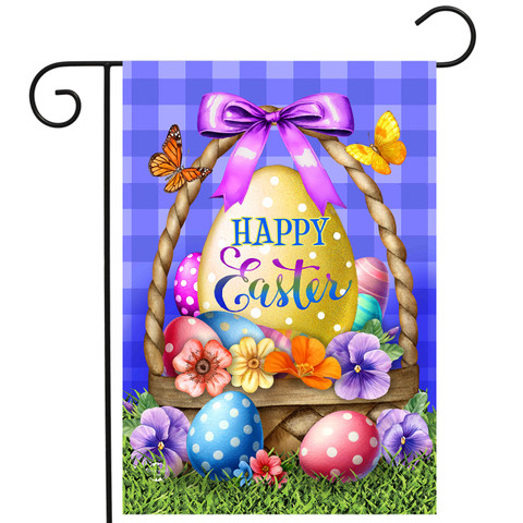 Happy Easter Egg Basket Garden Flag with colorful eggs, flowers, and butterflies on purple background.