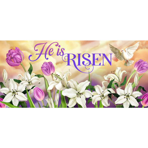 He Is Risen Lillies Mini Mat with colorful flowers and dove on sunny background design.