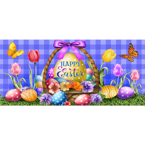 Happy Easter egg basket mini mat with colorful eggs, tulips, and butterflies on purple background.
