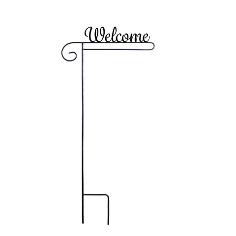 Wrought iron welcome garden flag stand holder with decorative curl and "Welcome" text on top.