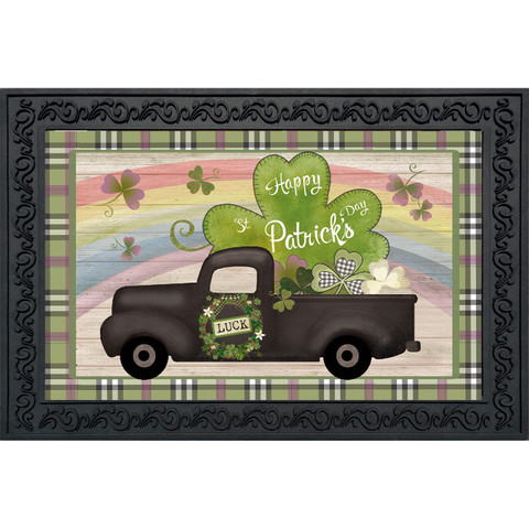 Black vintage pickup truck with shamrocks and "Happy St Patrick's" on shamrocks, St Pat's Pickup Doormat.