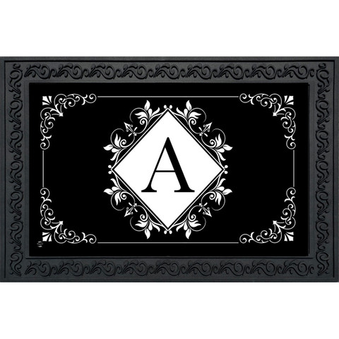 Black and white monogram doormat with floral design and letter A, decorative border.
