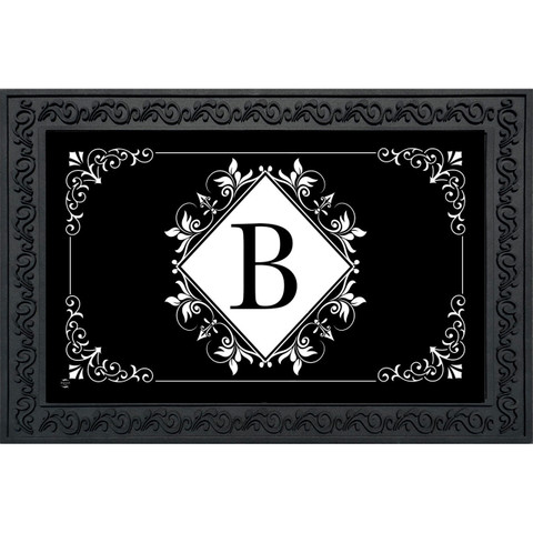 Black and white monogram doormat with floral design and large B, decorative border on black background.
