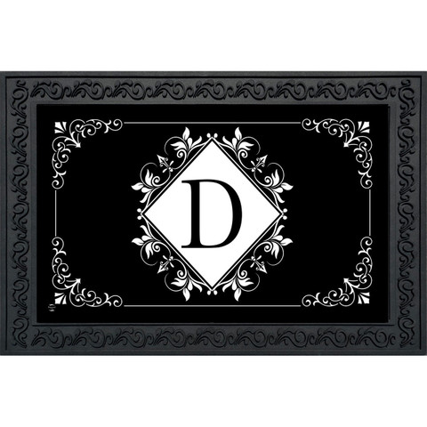 Black and white monogram doormat with D letter, floral design on black background with white accents.