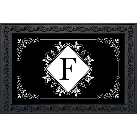 Black and white monogram doormat with floral design and letter F, decorative border.