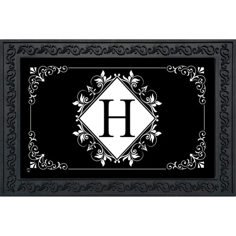 Black and white monogram doormat with floral design and large H, decorative border around white center.