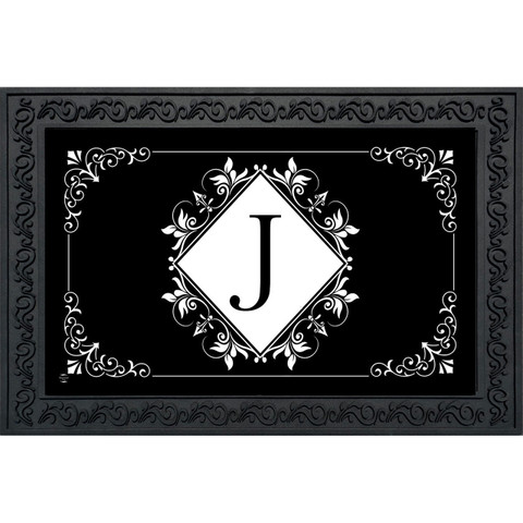 Black and white monogrammed doormat with floral design and letter J on black background.