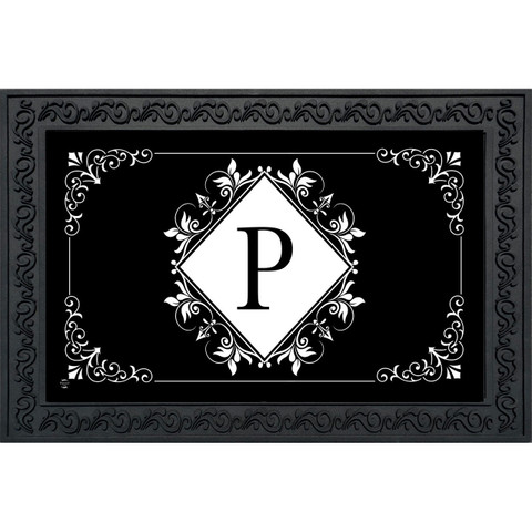 Black and white monogram doormat with floral design and letter P on a white diamond background.