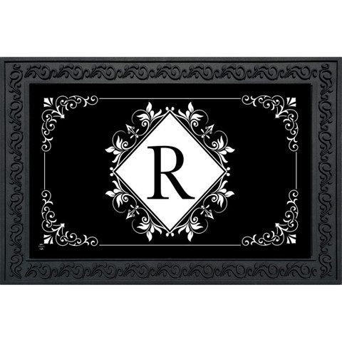 Black and white monogram doormat with floral design and letter R on a decorative background.