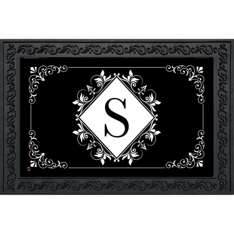 Black and white monogram doormat with floral design and large letter S on white diamond background.