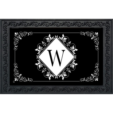 Black and white monogram doormat with large W, floral design, and decorative border.