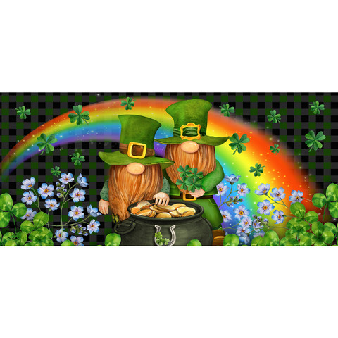 Irish Gnomes Mini Mat with gnomes, rainbow, flowers, and shamrocks on a black checkered background.