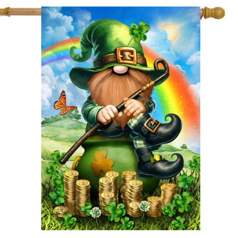 Lucky Irish Gnome House Flag with green gnome, rainbow, coins, and shamrocks design.