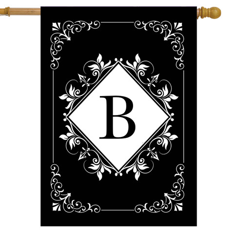 Black and white monogram house flag with B letter, floral design on double-sided material.