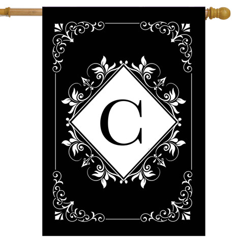 Black and white monogram house flag with C, double-sided, featuring floral design on black background.