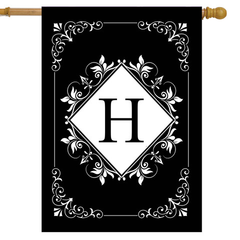 Black and white monogram house flag with H, double-sided, ornate design, and gold pole hardware.