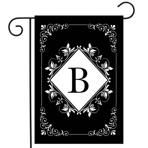 Black and white monogram garden flag with B, double-sided, ornate design and floral patterns.
