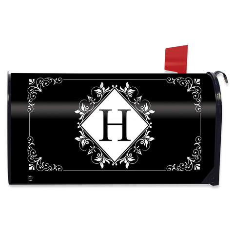 Black and white monogram H mailbox cover with floral design and red flag, decorative letter H.