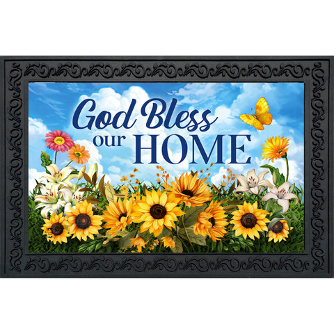 God Bless Our Home doormat with sunflowers, flowers, and butterfly design on blue background.
