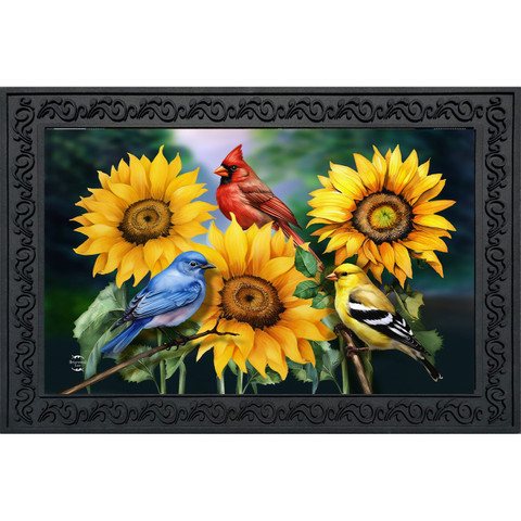 Birds in the Garden Doormat with sunflowers and colorful birds in a black frame design.
