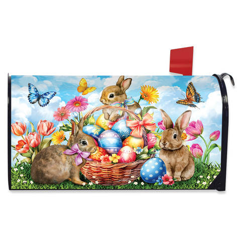 Springtime Bunnies Oversized Mailbox Cover with Easter eggs and flowers design on a colorful background.