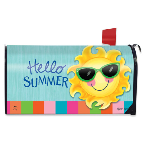 Hello Summer Sun Oversized Mailbox Cover, yellow sun with sunglasses on a blue background.