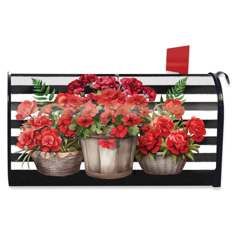 Striped Geraniums Oversized Mailbox Cover with red flowers in three silver baskets on black background.