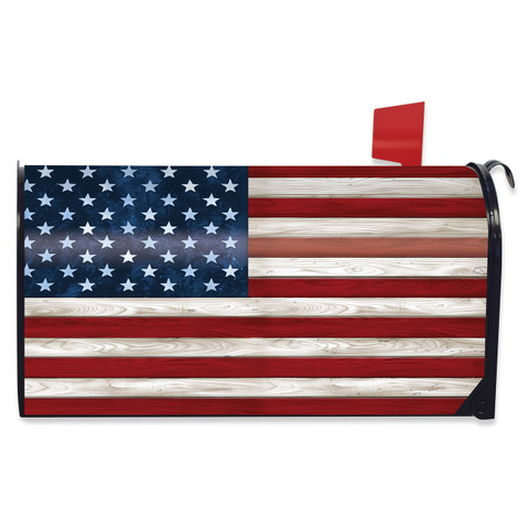 Wooden American Flag Mailbox Cover with red and white stripes and blue star section.