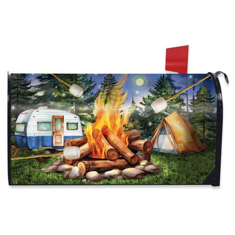 Roasting Marshmallows Mailbox Cover with camping scene, camper, tent, campfire, and marshmallows roasting.