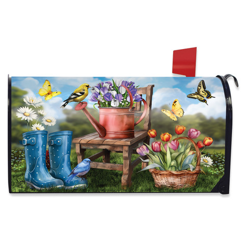 In the Garden Mailbox Cover with colorful flowers, birds, and butterflies on a garden scene.