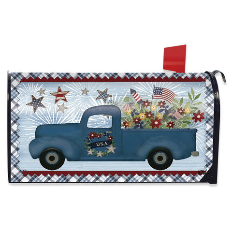 Blue Celebrate America Pickup Mailbox Cover with truck, flowers, and patriotic design on white background.