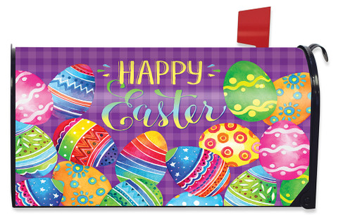 Oversized Easter mailbox cover with colorful eggs and "Happy Easter" on purple plaid background design.