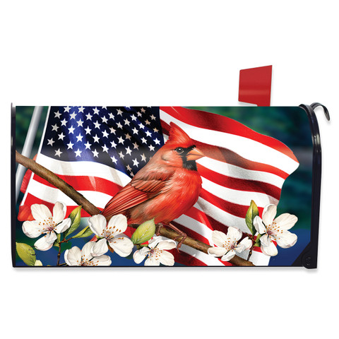 American Cardinal Oversized Mailbox Cover with USA flag, red cardinal, and white flowers design.