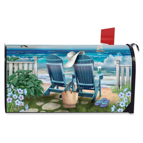 Seaside Escape Summer Oversized Mailbox Cover with beach scene and blue Adirondack chairs.