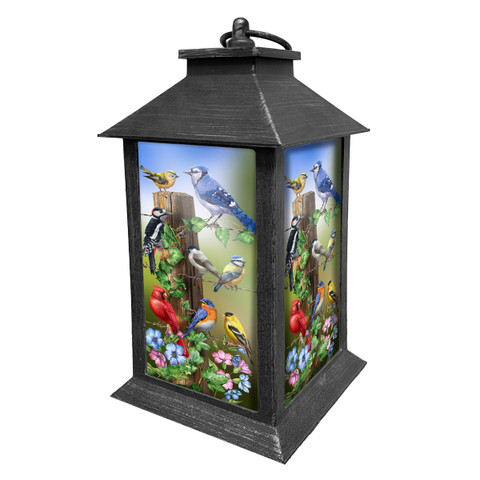 Country Birds Lantern with colorful birds and flowers on a black metal frame outdoor decor.