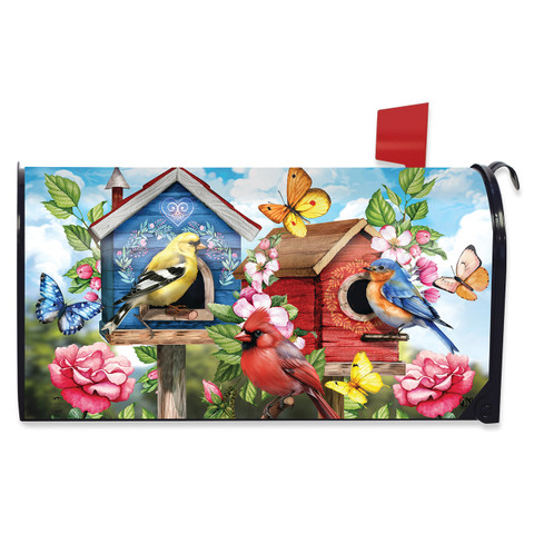 Floral Birdhouses Mailbox Cover with colorful birds, butterflies, and flowers on a blue and red background.