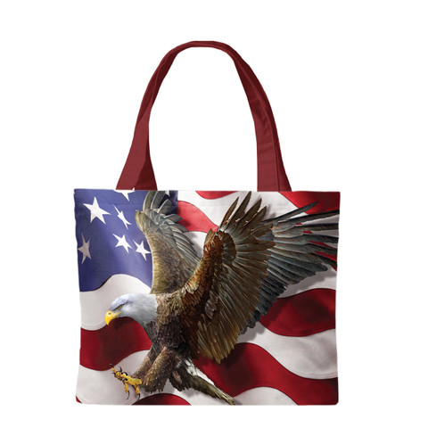 American Freedom Eagle Canvas Tote bag with eagle and American flag design, red handles.