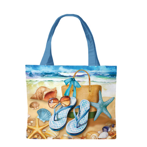 Welcome To the Beach Canvas Tote with beach themed design and blue handles and accents.